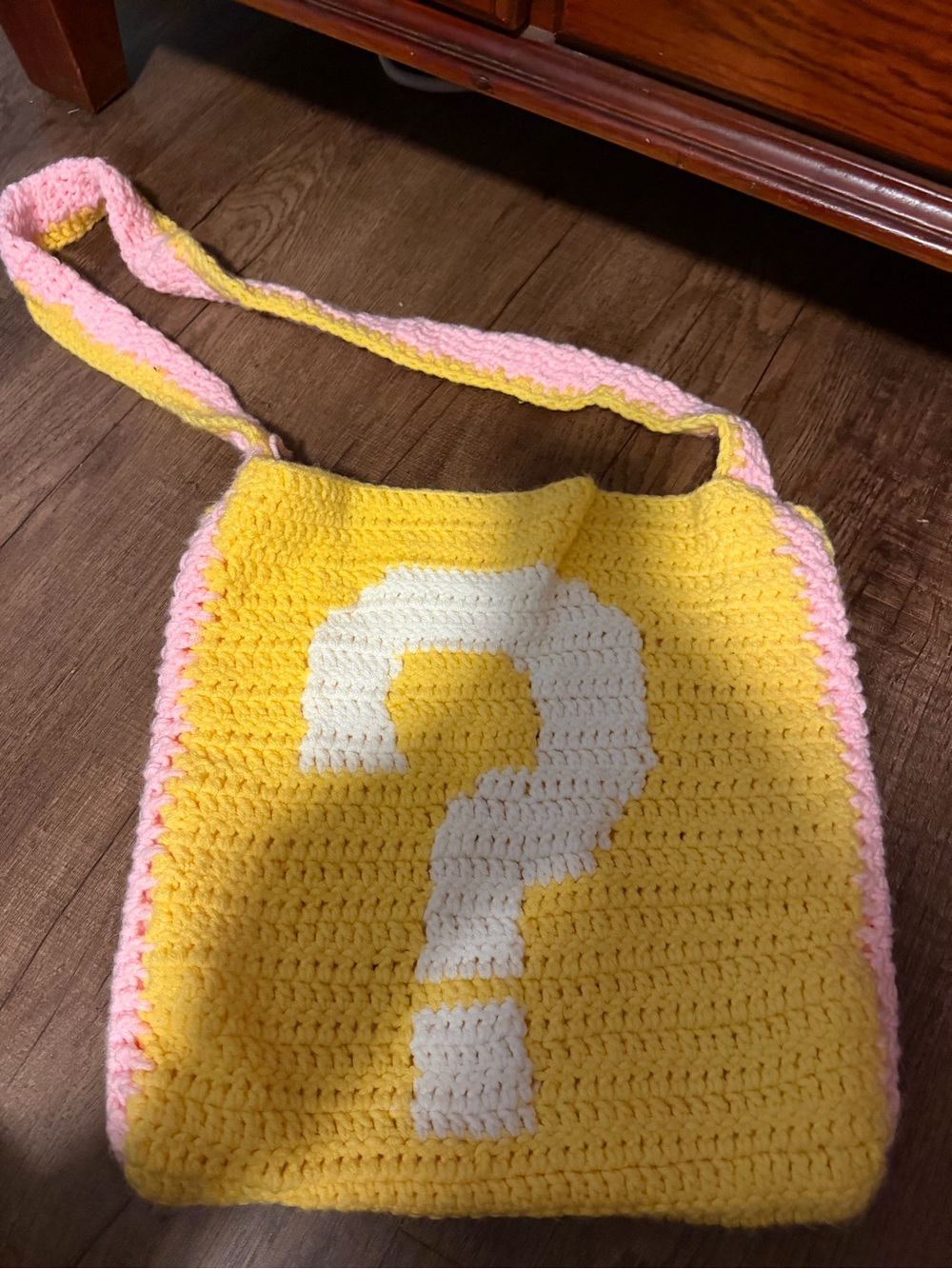Hand Crafted Yellow & Pink Crochet Crossbody Bag with White Question Motif